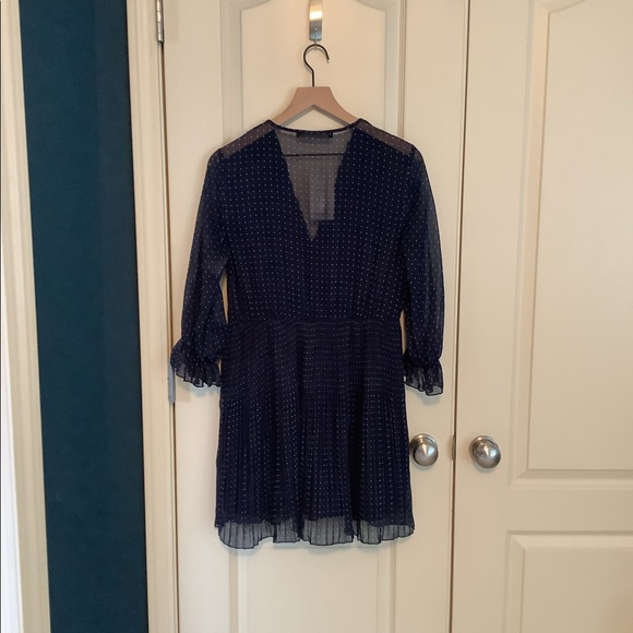 Zara Pleated Polka Dot Navy Mini Dress Large - Picture 2 of 5